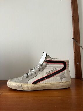 New Golden Goose High-Top Slide Sneakers in Beige with Black & Pink Trim. SZ 41